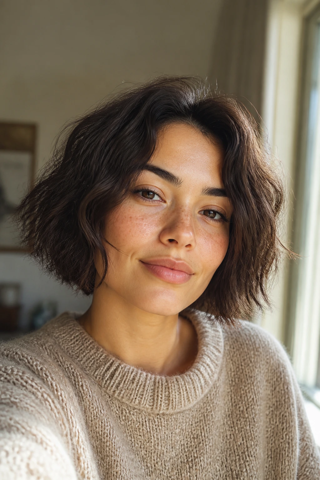 Portrait of a real woman with a day-three-friendly soft bob