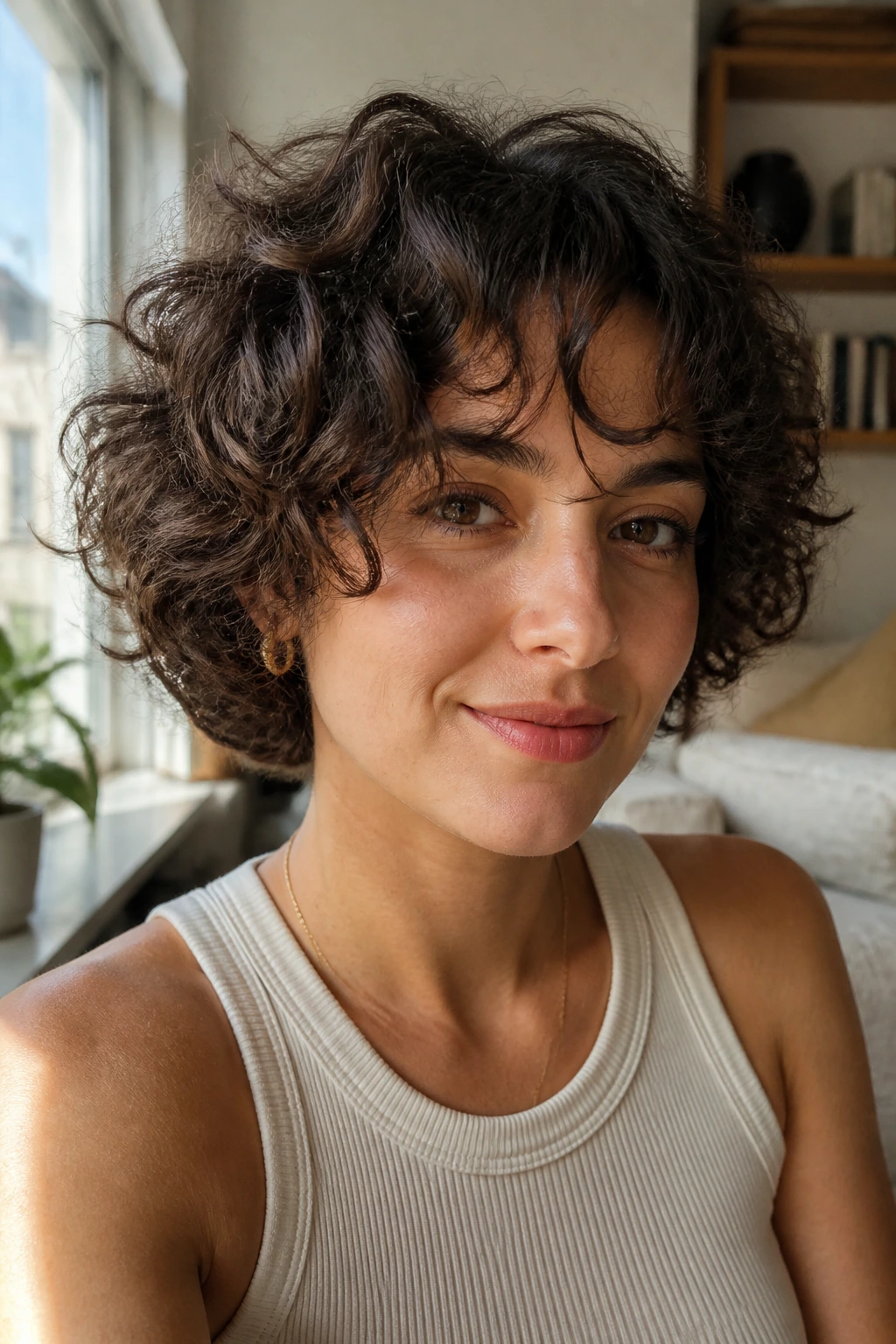 Portrait of a person wearing a day-to-day curly crop with curtain bangs