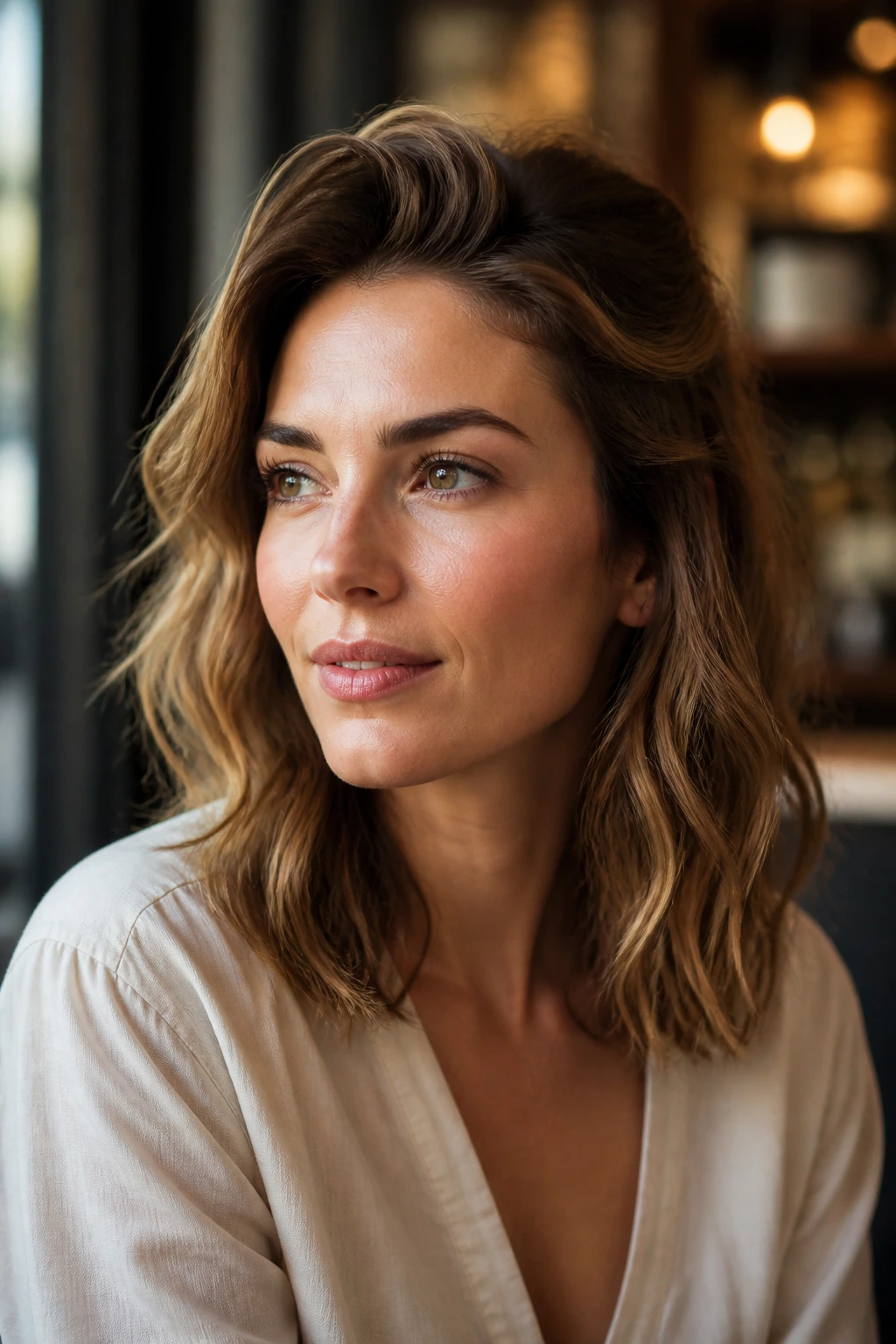 Portrait of a woman with versatile soft waves suitable for day and night in a warm cafe setting