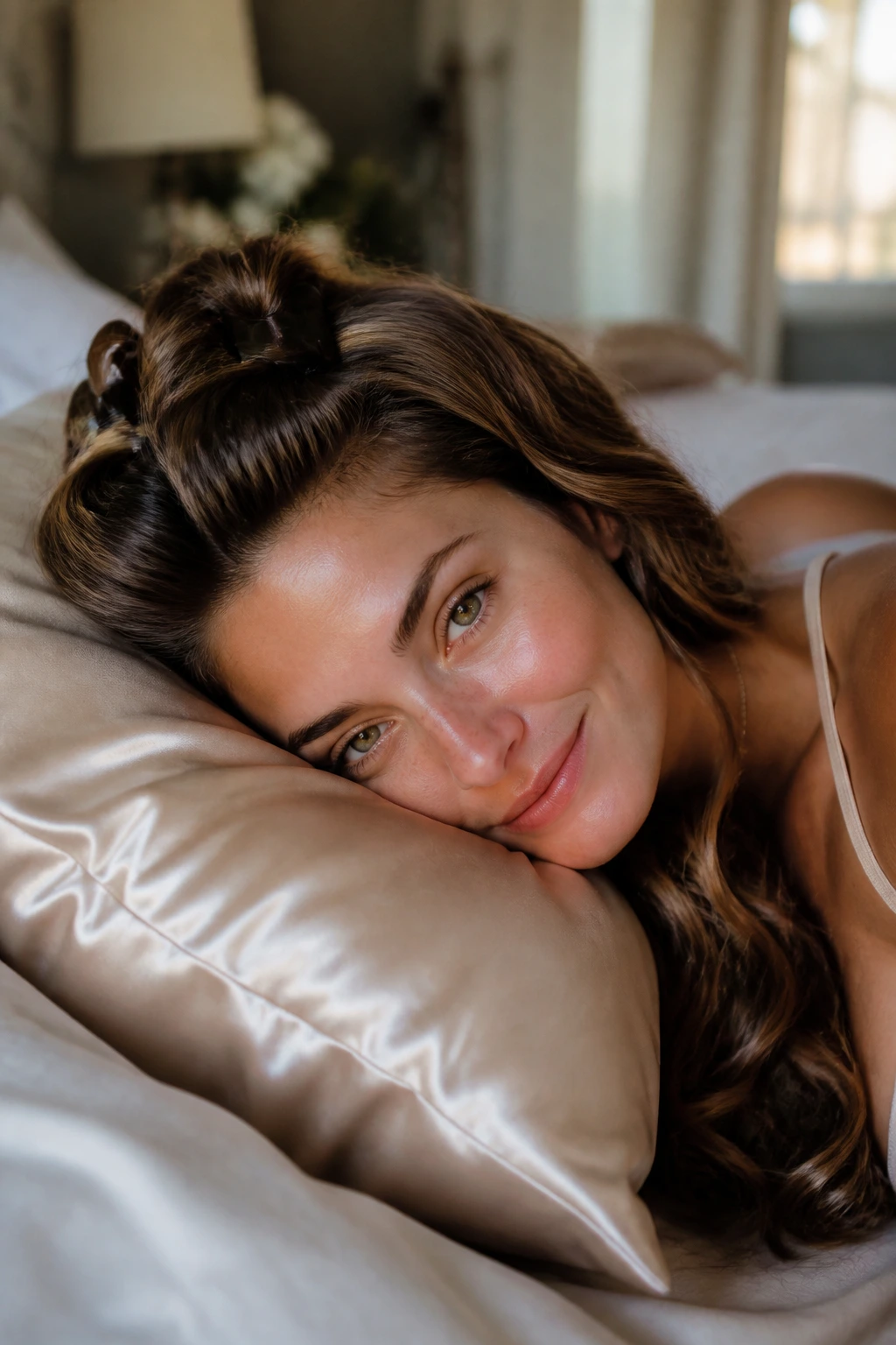 Portrait of a woman with day-two curls on satin pillowcase in a cozy bedroom