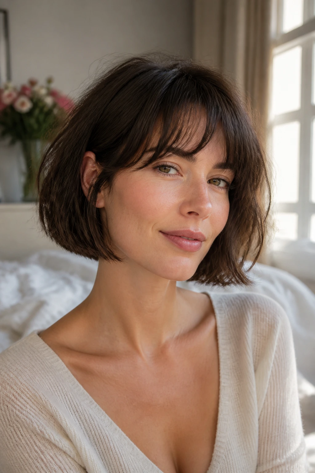 Portrait of a real woman with a refreshed French bob after a day.