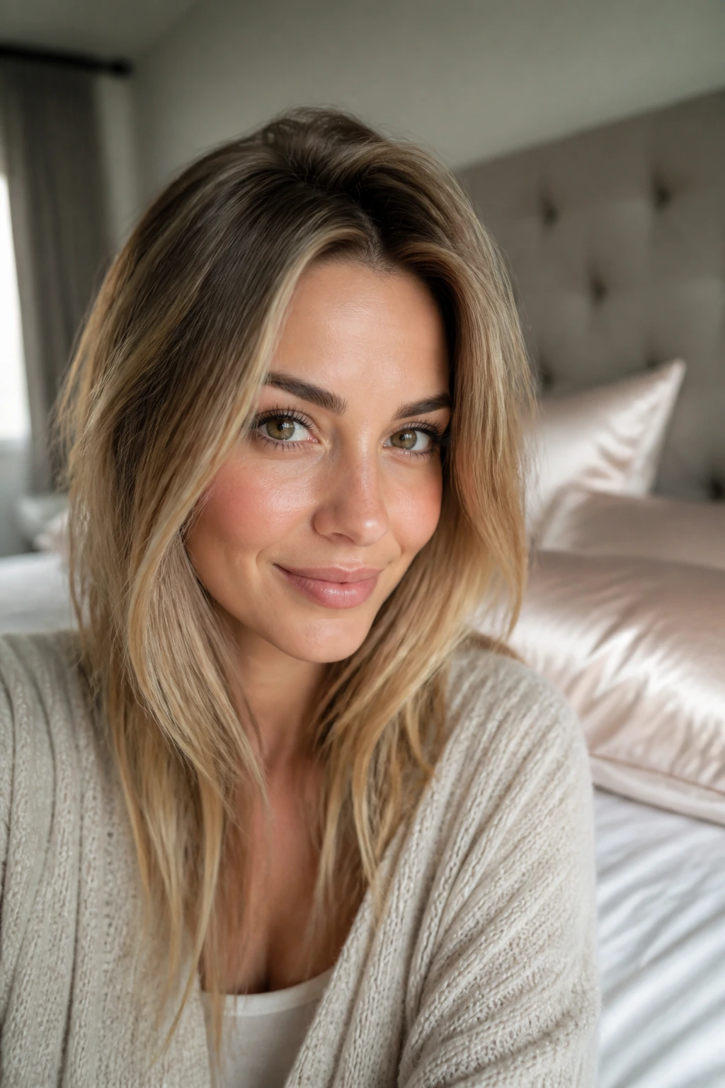 Portrait of a real woman with day-two hair and gentle crown lift