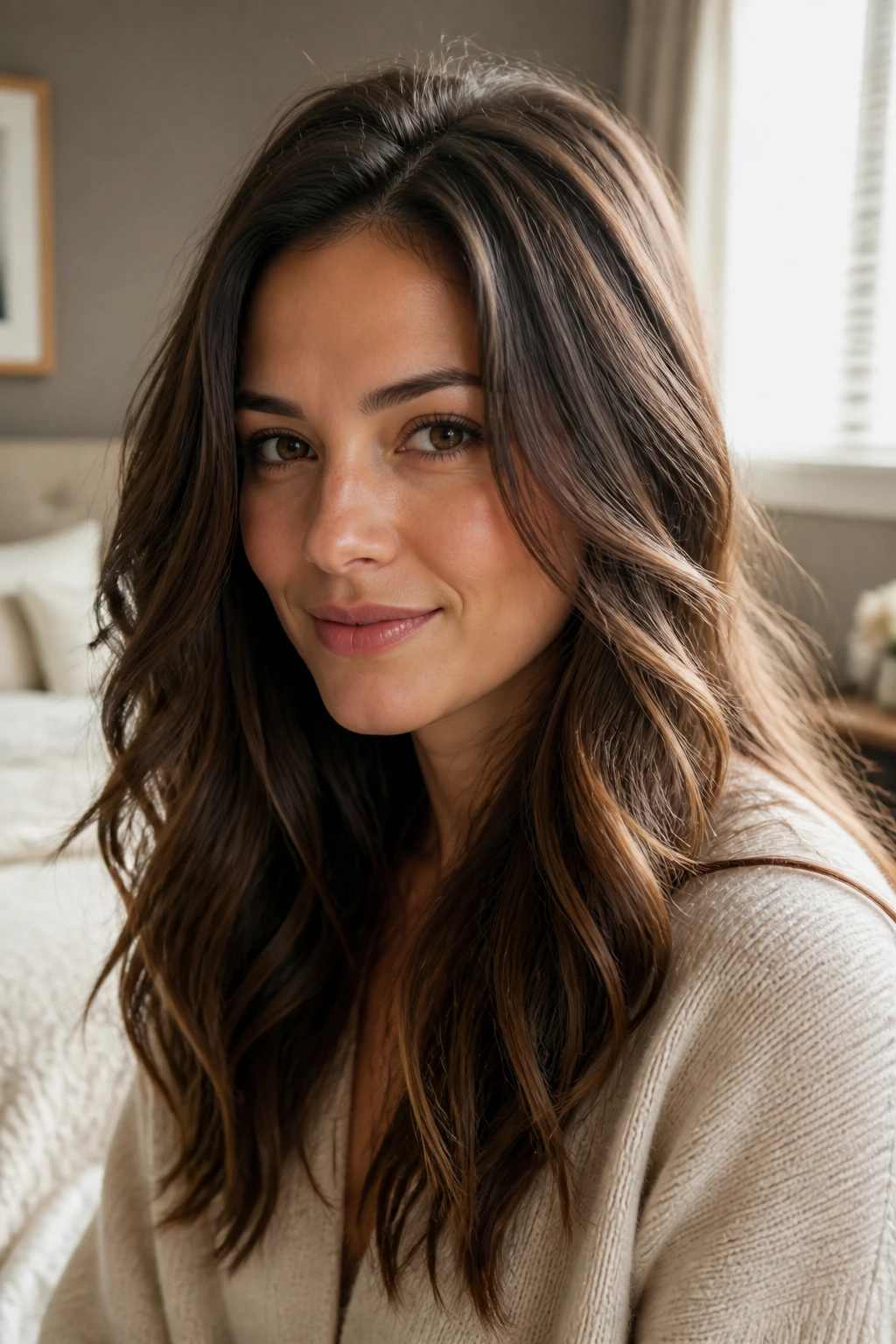 Portrait of a woman with day-two hairstyle refreshed with light root lift