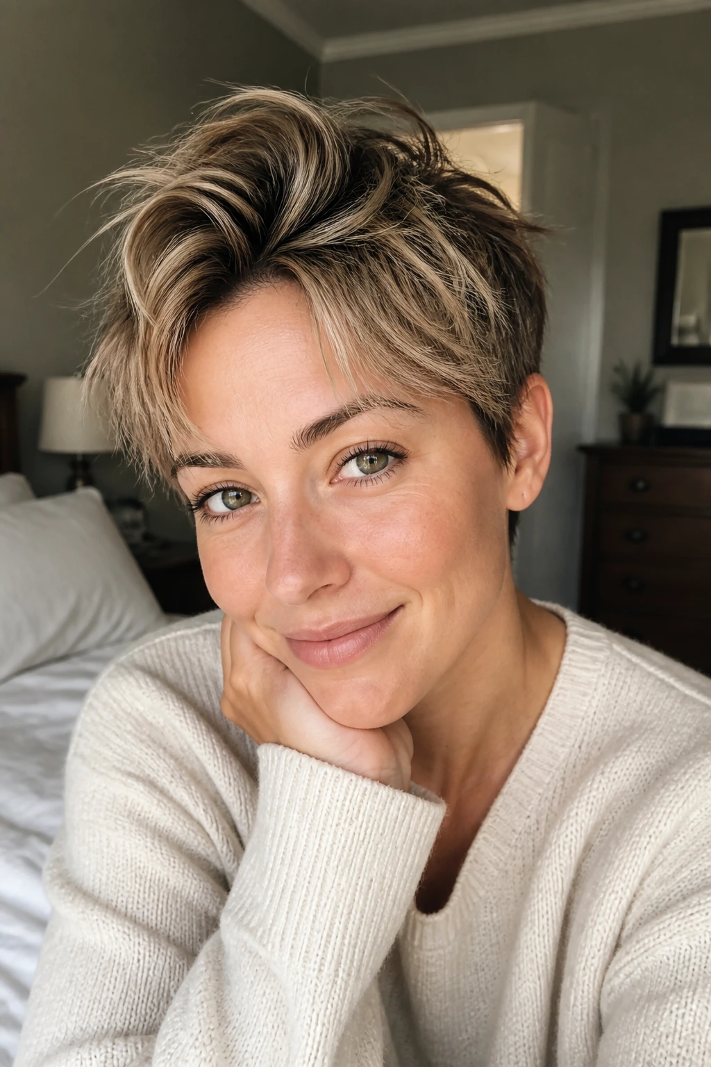 Portrait showing day-two hair texture and revived lift