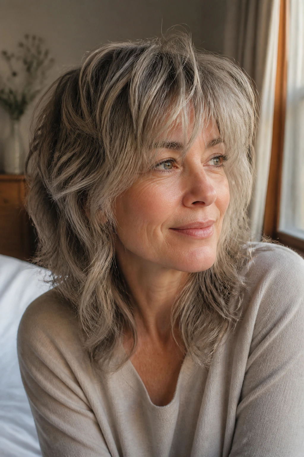 Close-up portrait of a woman with day-two shag showing pillow-creased texture in a bedroom
