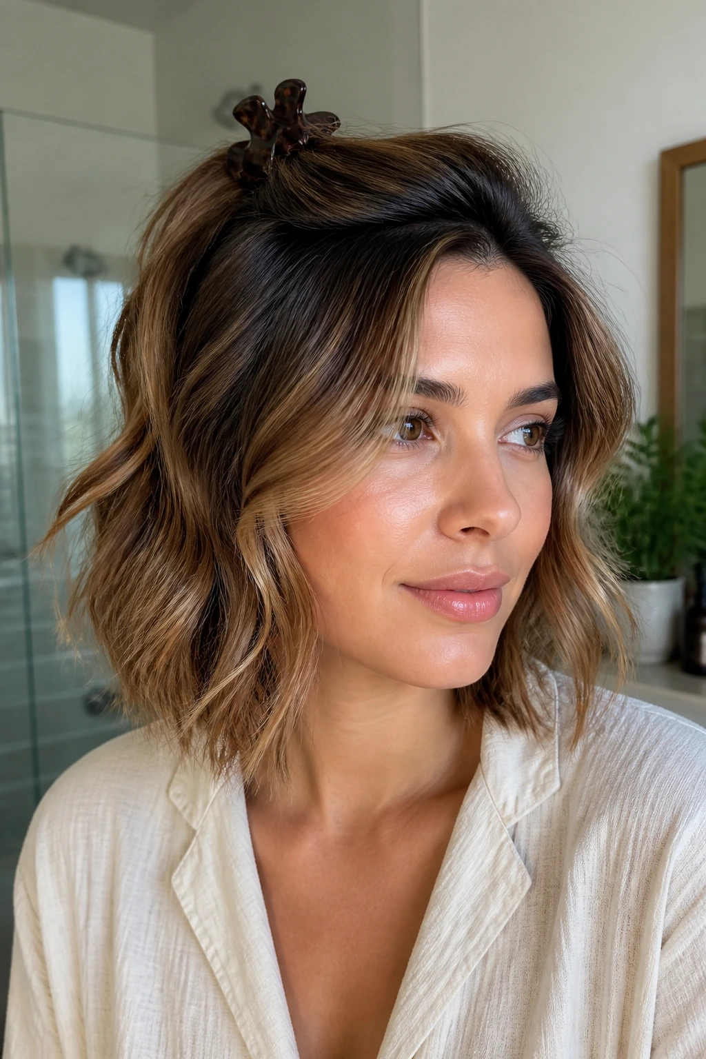 Portrait of a woman with day-two waves and maintained face-framing layers.