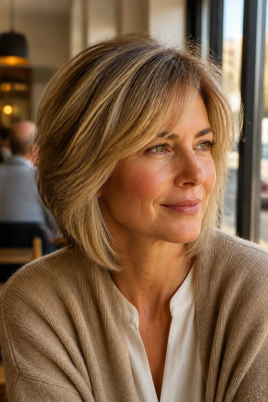 Portrait of a woman with volumized hair look in a cafe setting