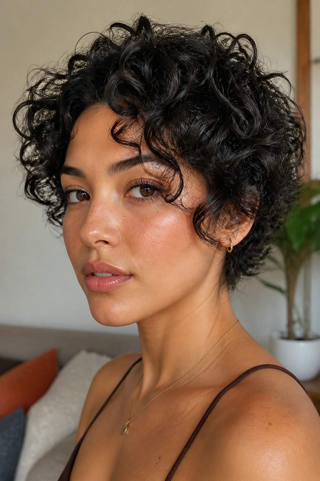 Close-up portrait of a person with a de-bulked crop for dense curls