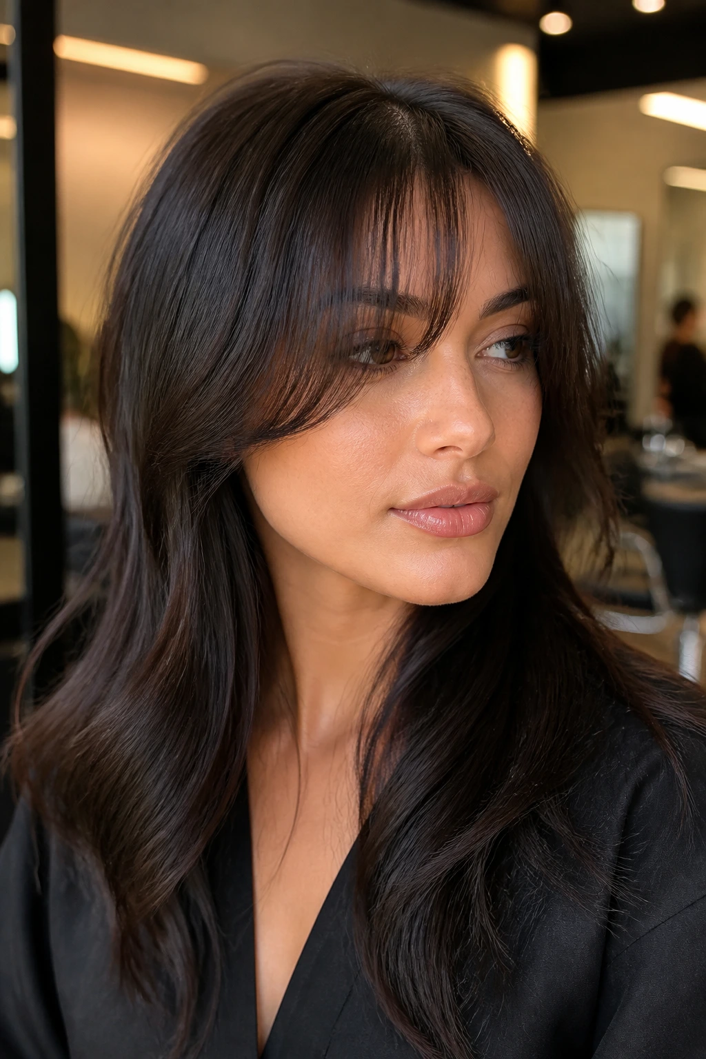 Real woman with a de-bulked fringe showing internal thinning for movement