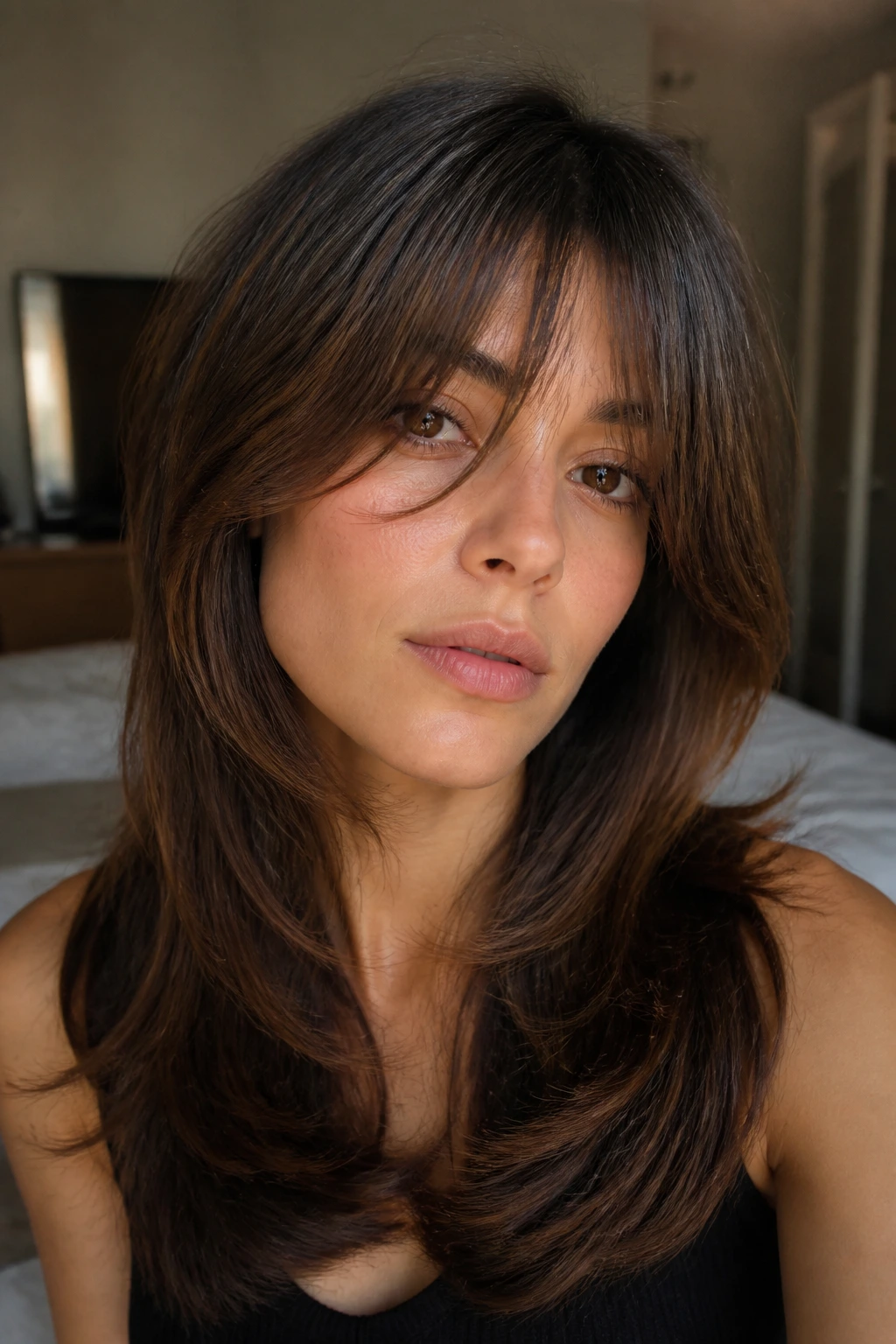 Close-up of a real woman with debulked layers and long bangs in warm bedroom light