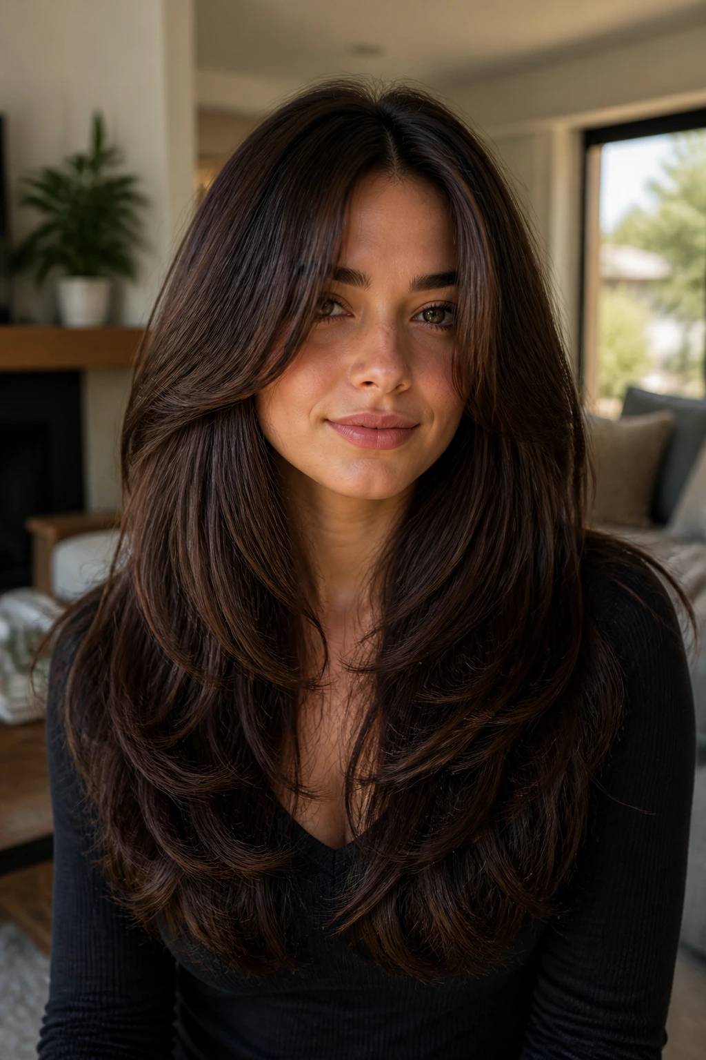 Medium close-up of a real woman with thick hair debulked by long layers