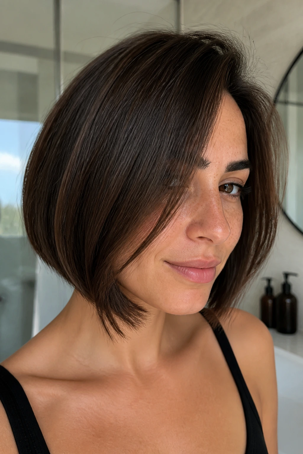 Close-up portrait of a real woman with a debulked thick-hair inverted bob in natural light