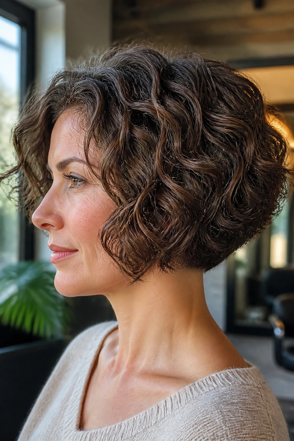 Close-up of a real woman with a de-bulked curly inverted bob for dense hair in a salon