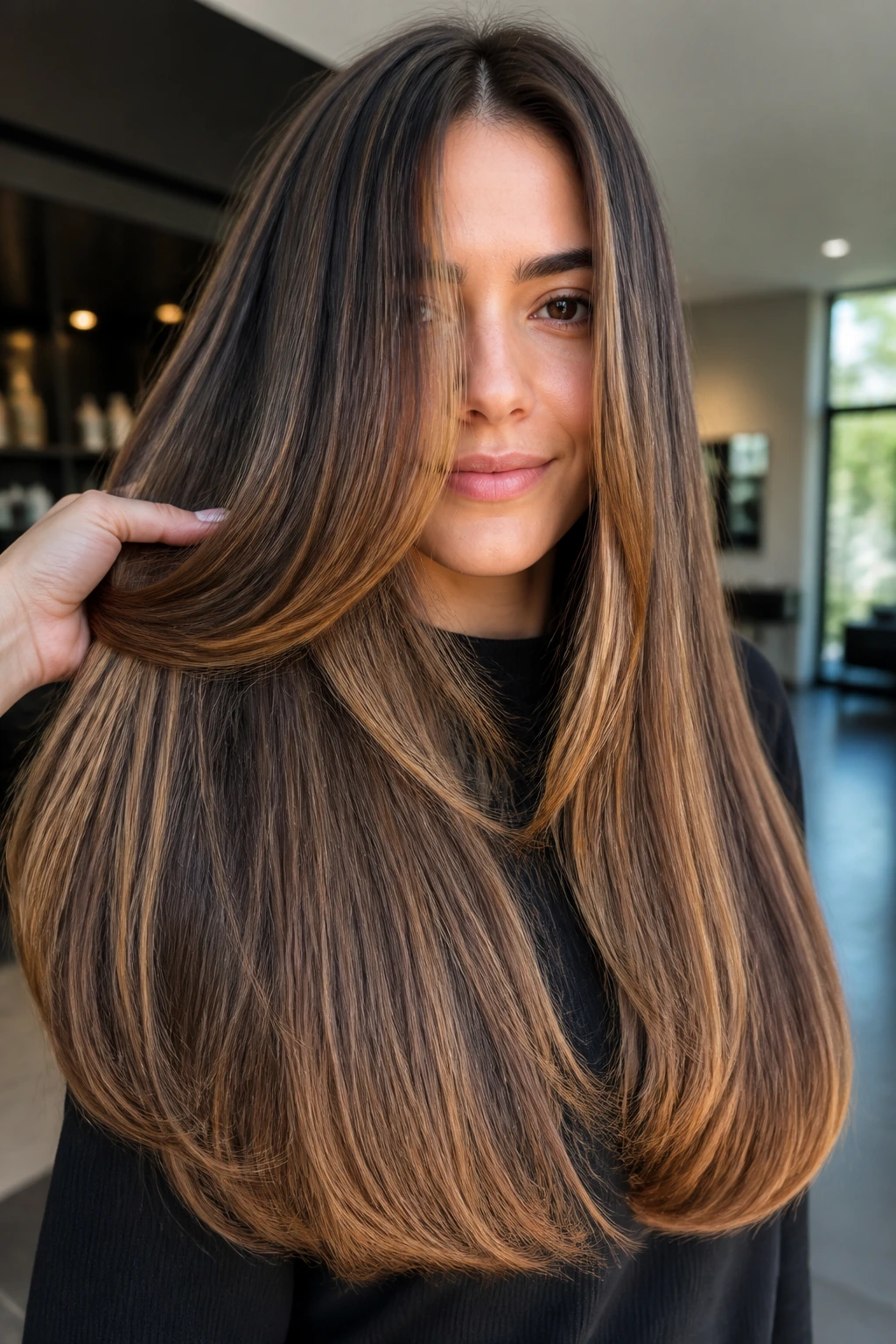Close-up of a real person with debulking layers on thick straight hair and caramel highlights.