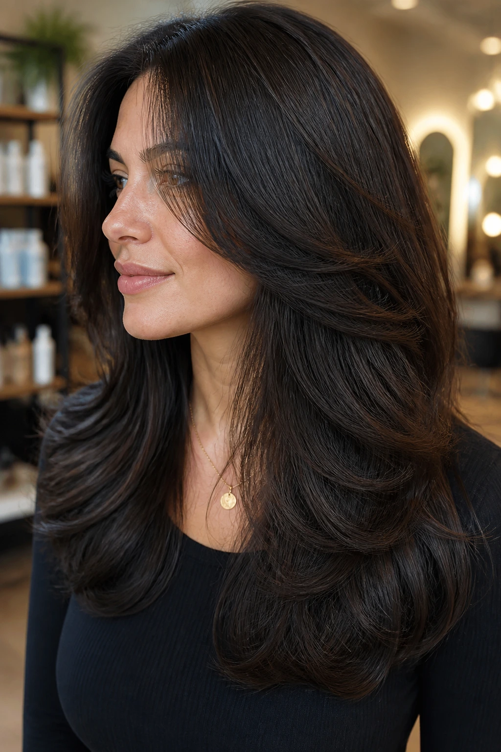Close-up of a real person with thick hair showing de-bulking layers near the mid-lengths