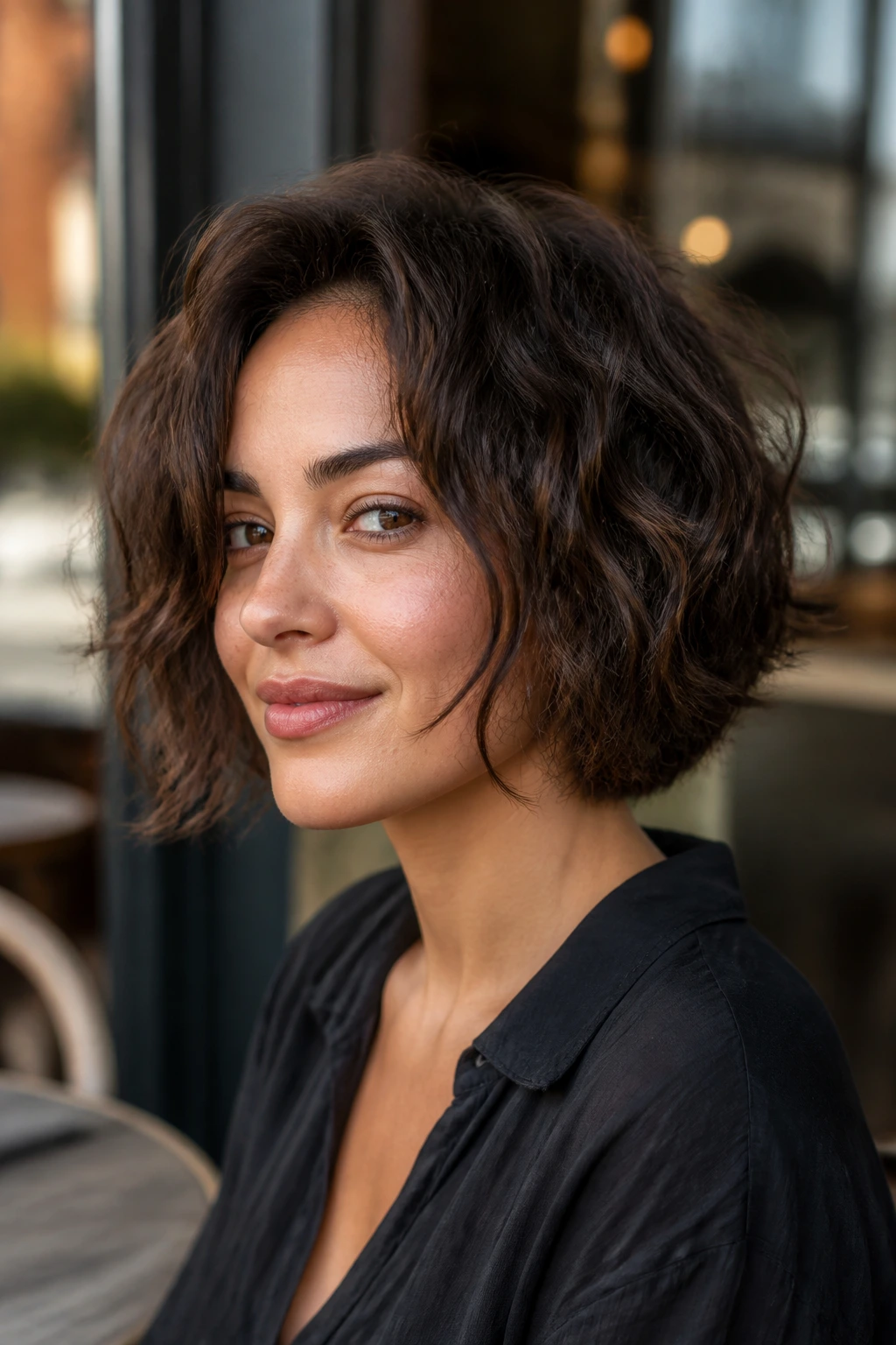 Portrait of a woman with a deconstructed bob and piecey ends.