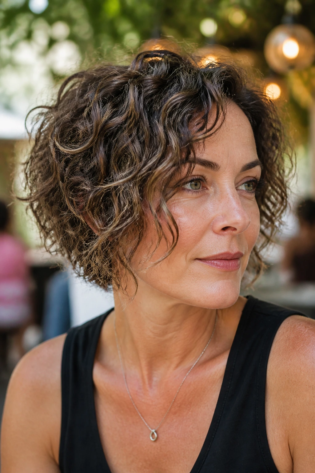 Close-up portrait of a real woman with deconstructed curly-wave bob texture