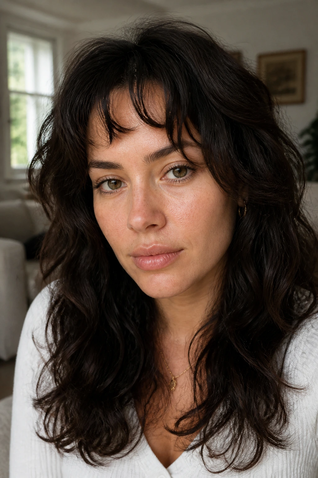 Close-up portrait of a real woman with thick hair and deconstructed fringe