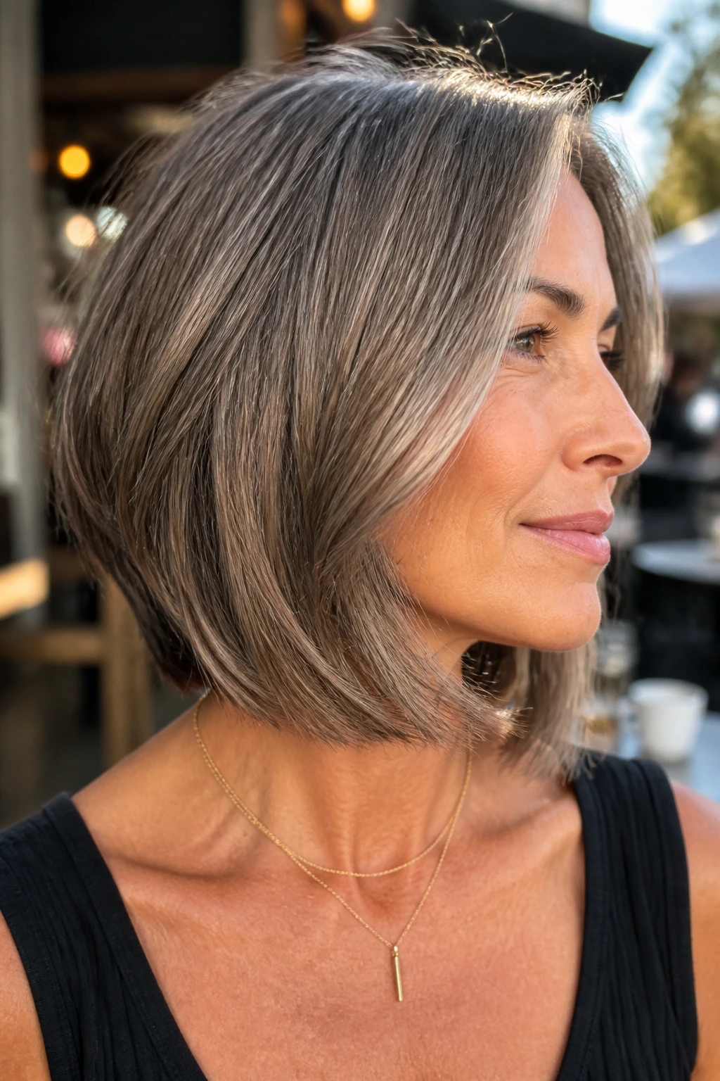 Close-up of a real woman with deconstructed lob and beveled ends in grey tones