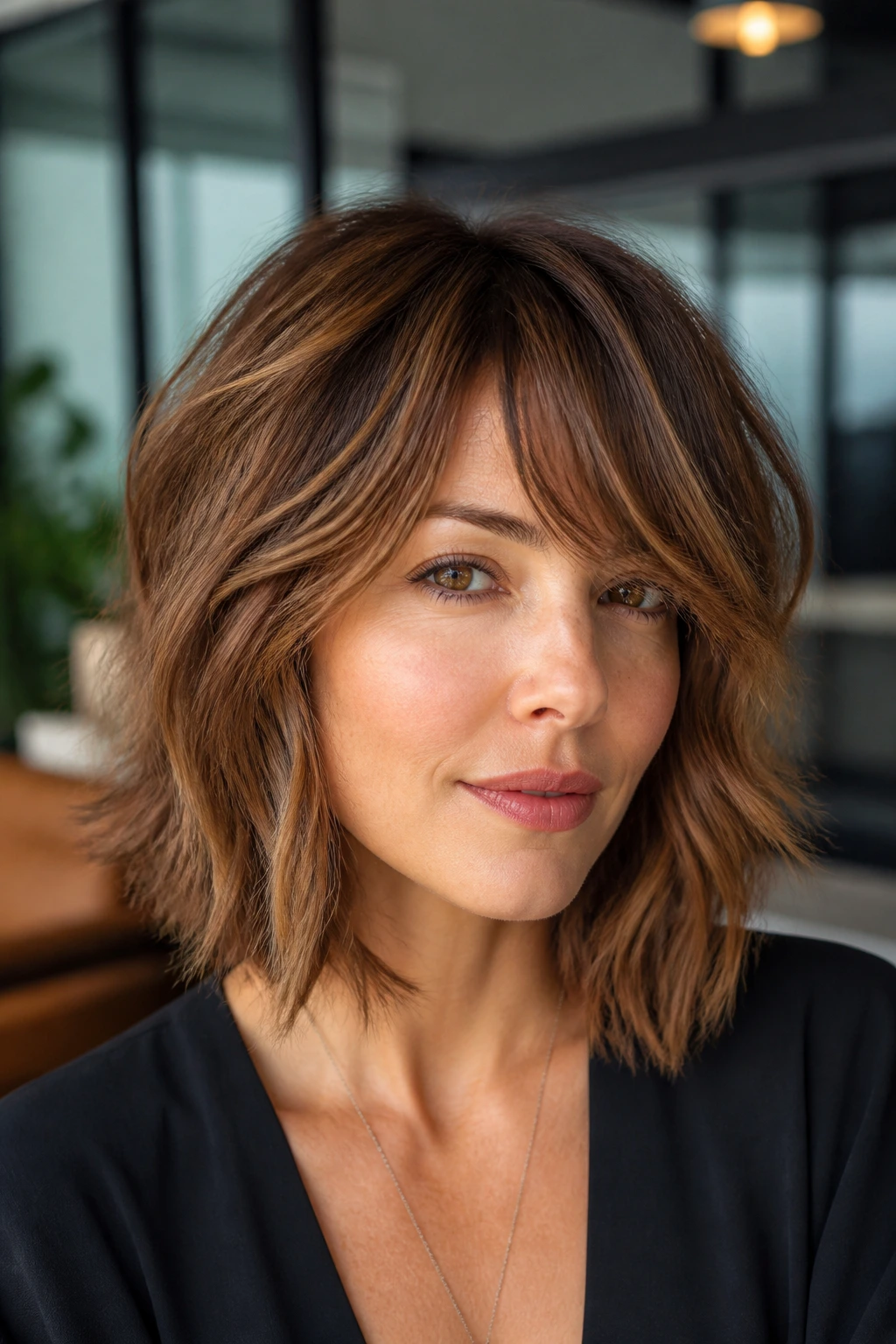 Real woman with deconstructed lob shag in a modern office lounge