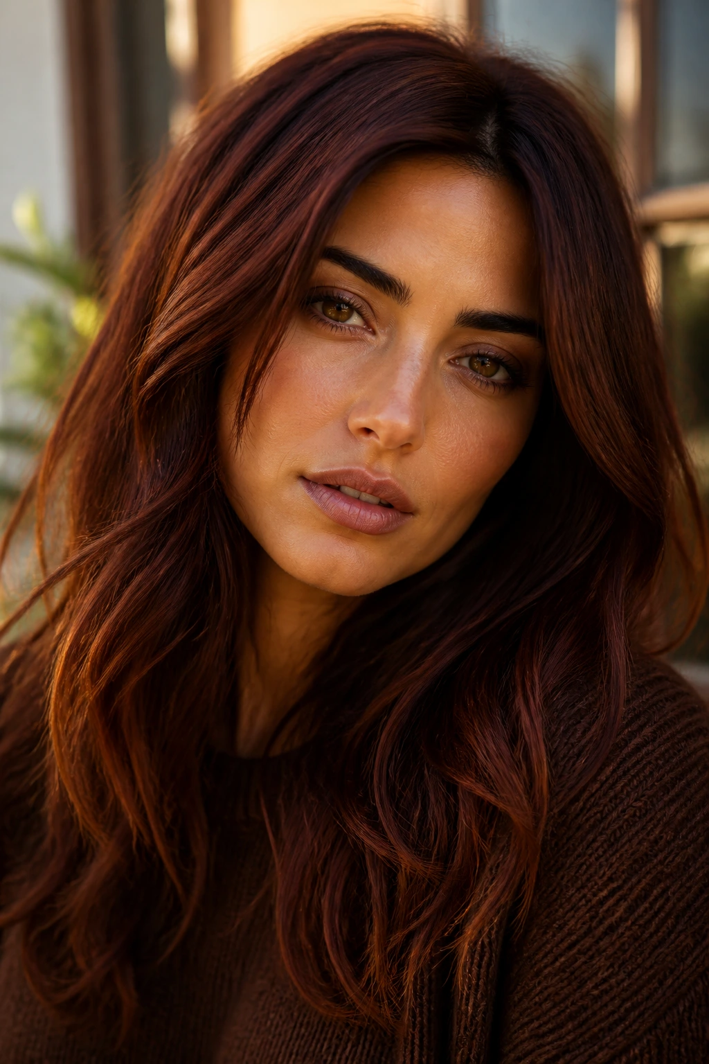 Real woman with deep auburn brown hair and lighter ends in warm light