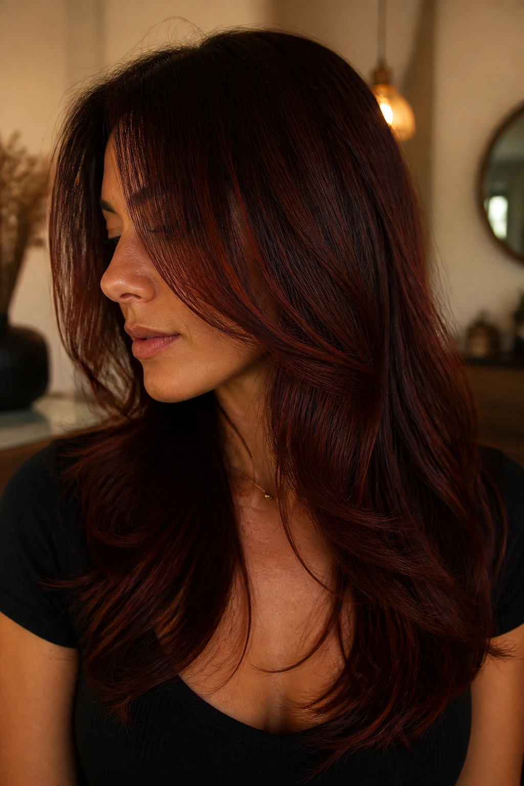Close-up of layered brunette with deep auburn tones and warm glow