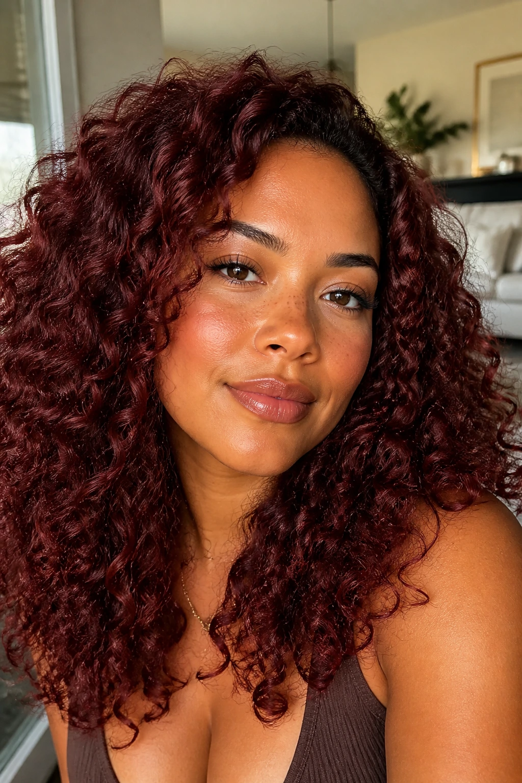 Close-up of a real woman with deep auburn curls in warm window light.