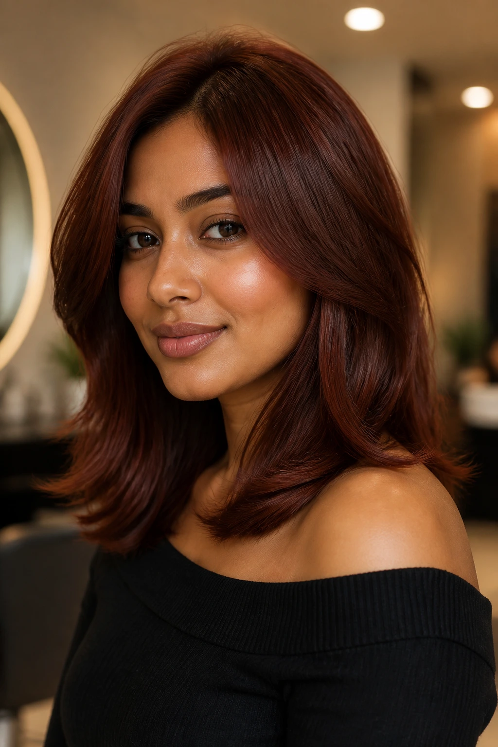 Close-up portrait of a woman with deep auburn hair showing rich brown-red depth