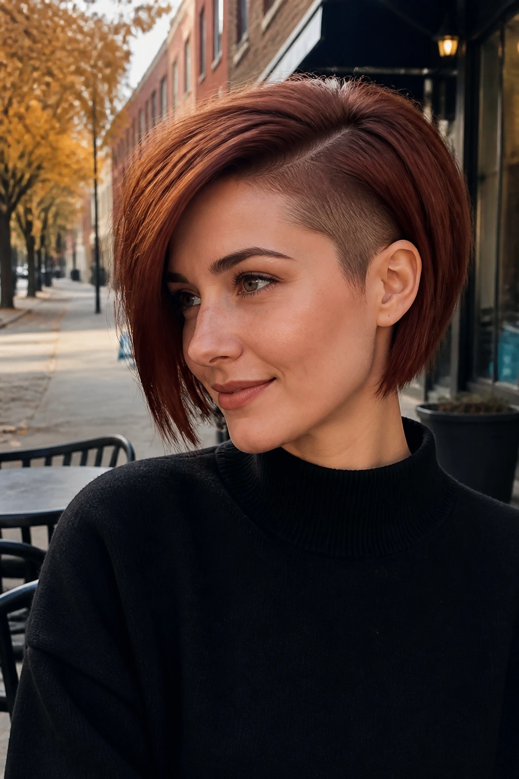 Close-up portrait of a real person with deep auburn undercut bob hairstyle