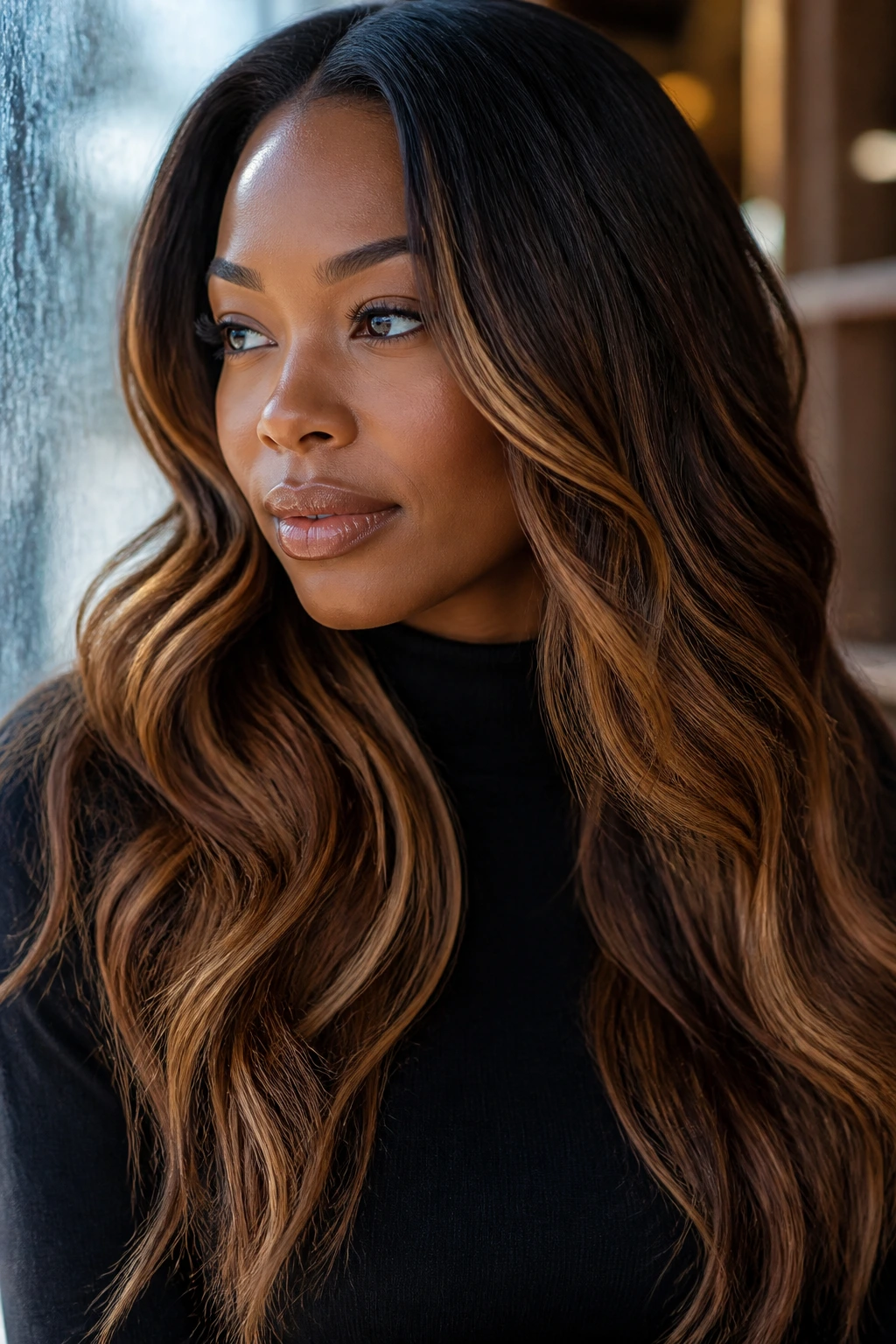 Close-up of a woman with dark roots and brown mid-shaft with caramel ends illustrating deep base caramel undertone