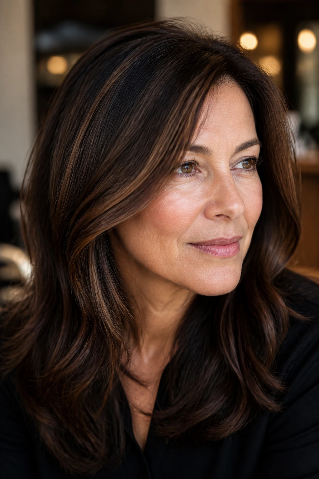 Close-up of a real woman's hair with deep brown gloss and sparse caramel threads