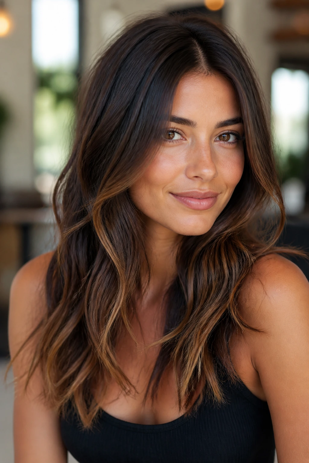 Portrait of a real person with deep brunette hair and caramel tips catching sunlight