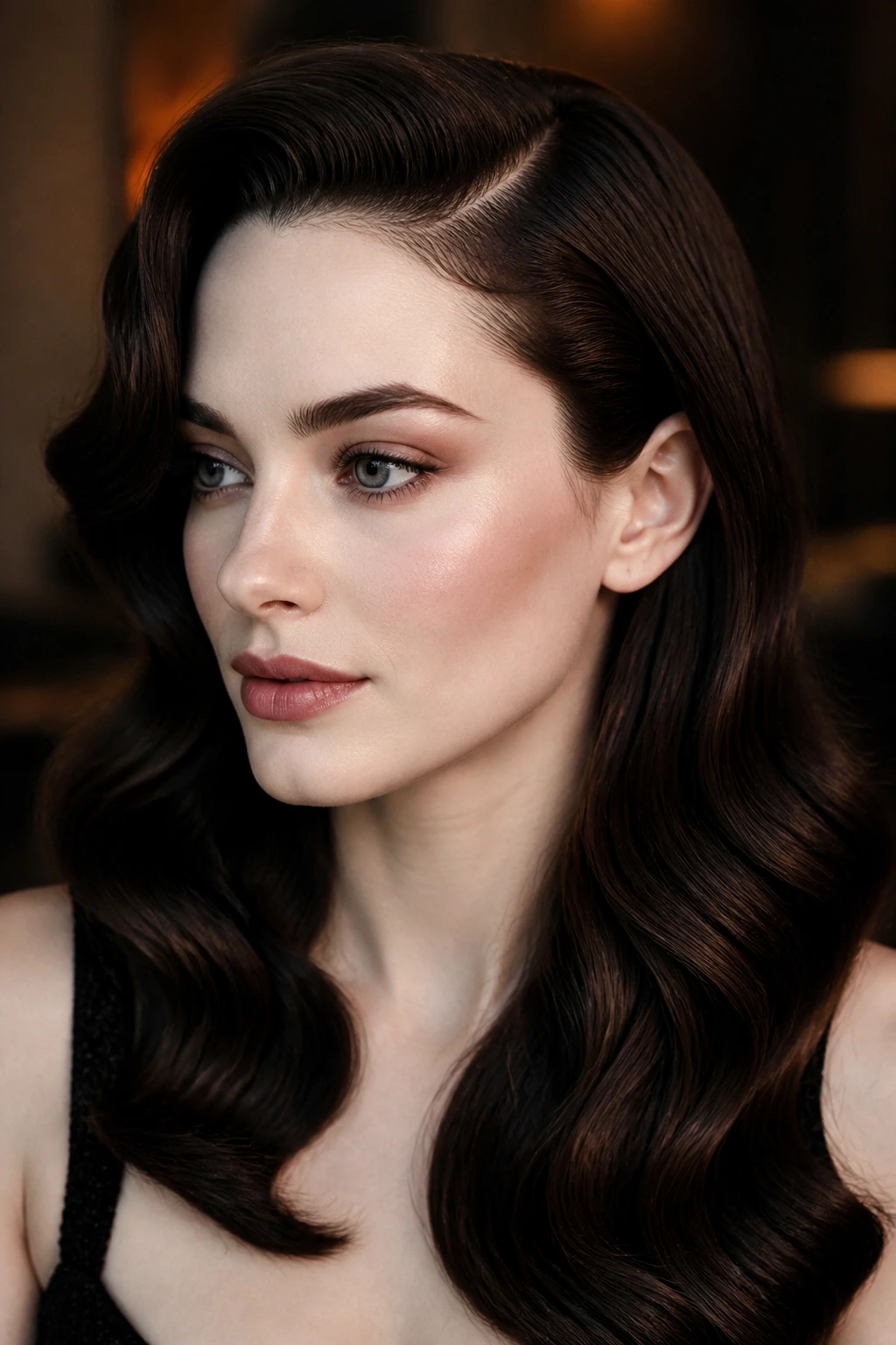 Real woman with deep brunette side-part Hollywood waves