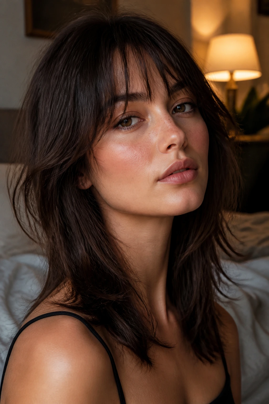 Close-up of deep brunette hair with shag layers and airy fringe on real person