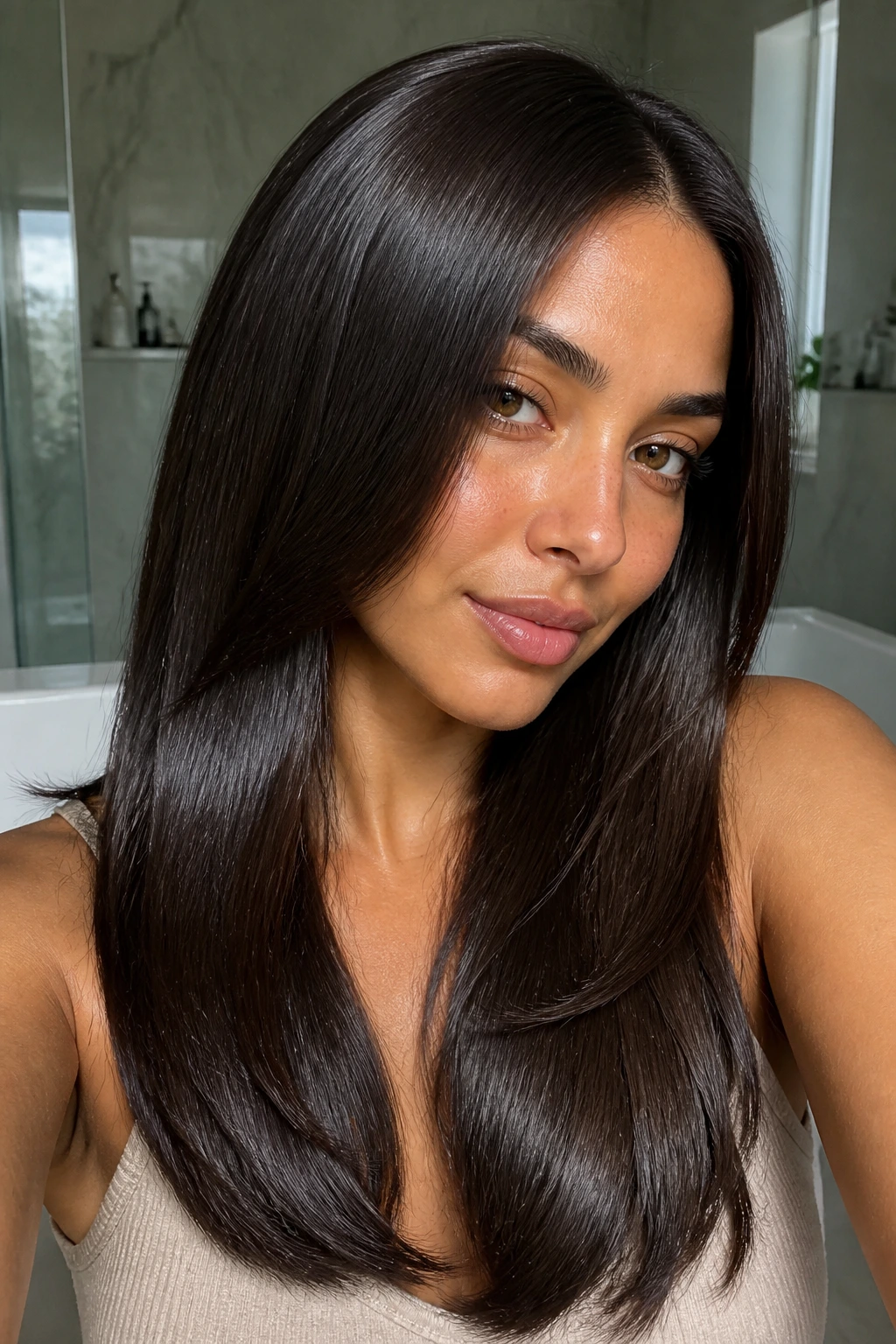 Close-up of a real woman with deep brunette silk press