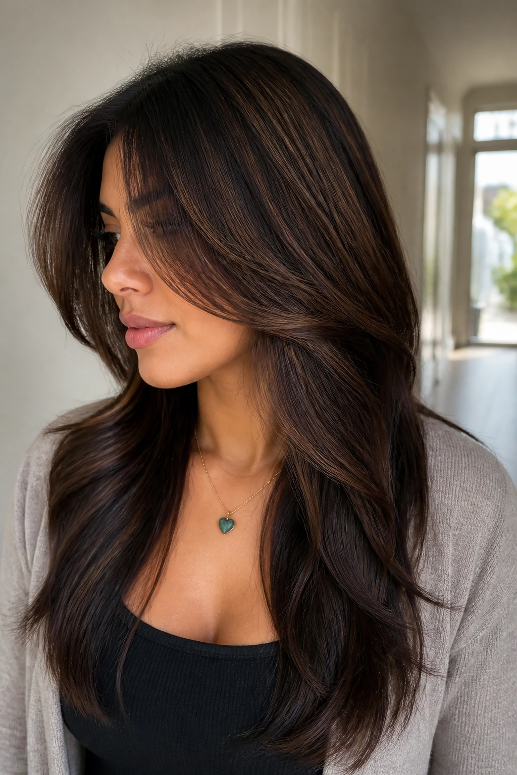 Close-up of real woman with Deep Brunette Underlights hair depth
