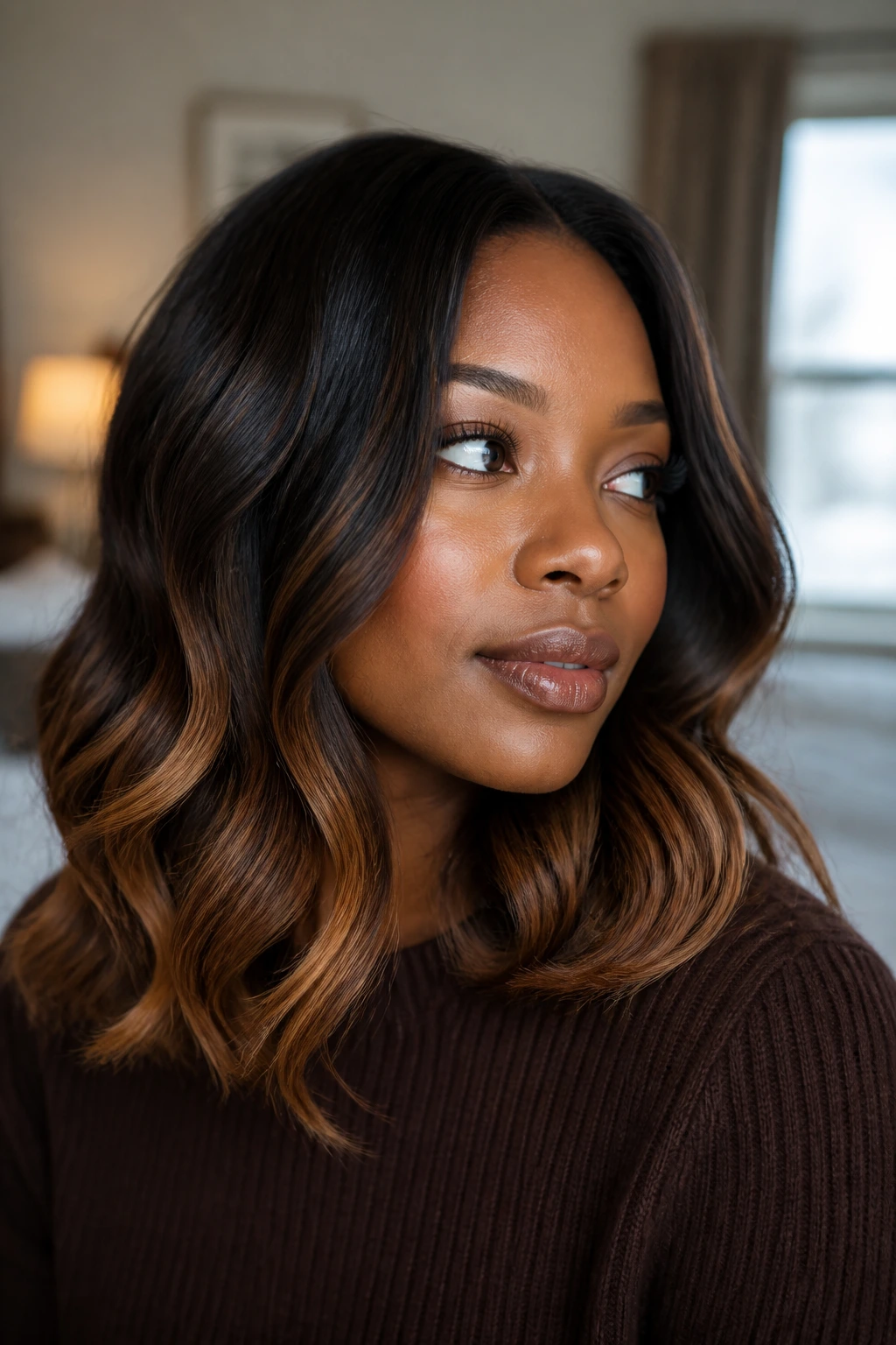 Close-up of a real woman with deep brunette hair and caramel ends in waterfall waves under warm winter light
