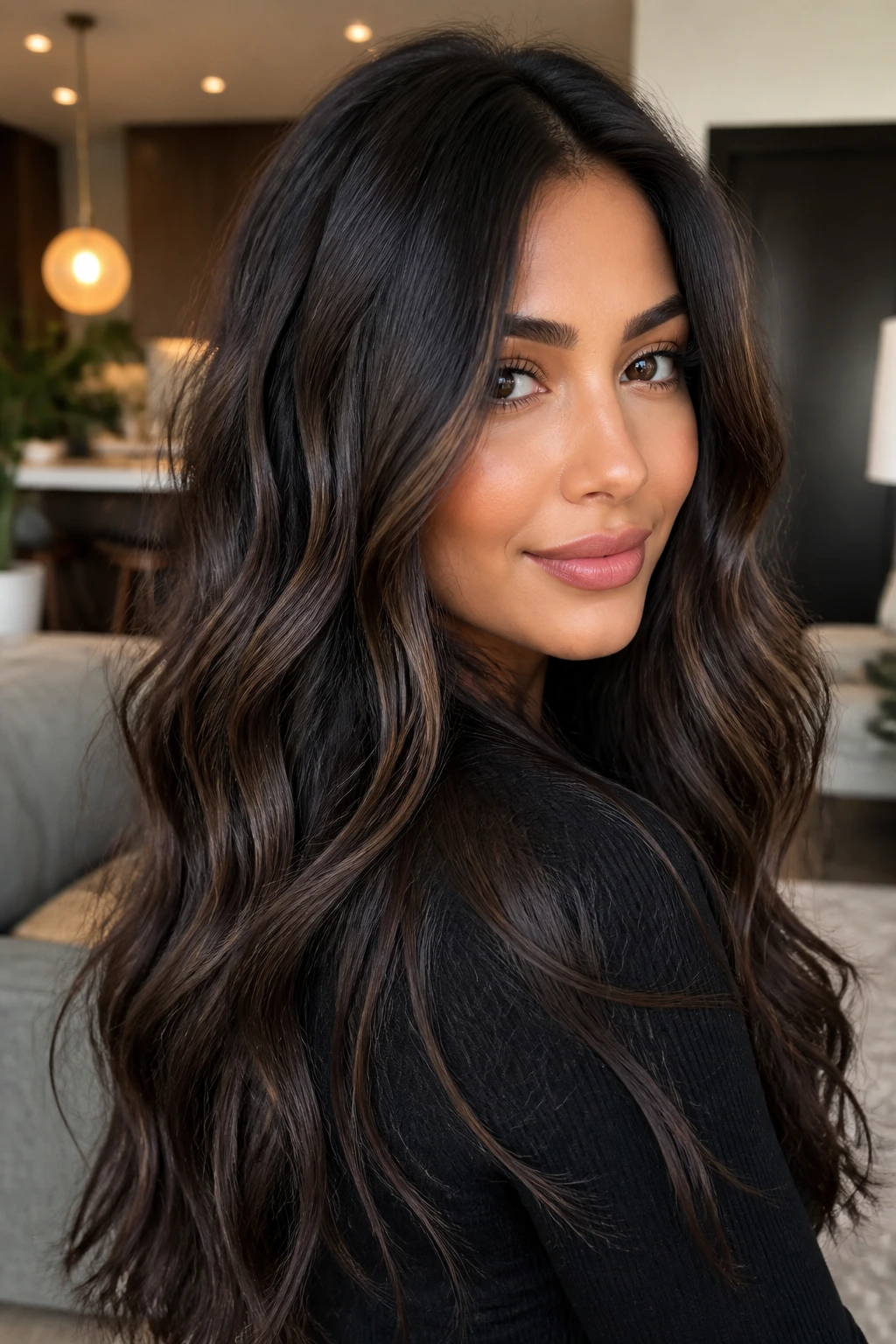 Close-up of deep brunette waves with espresso panels
