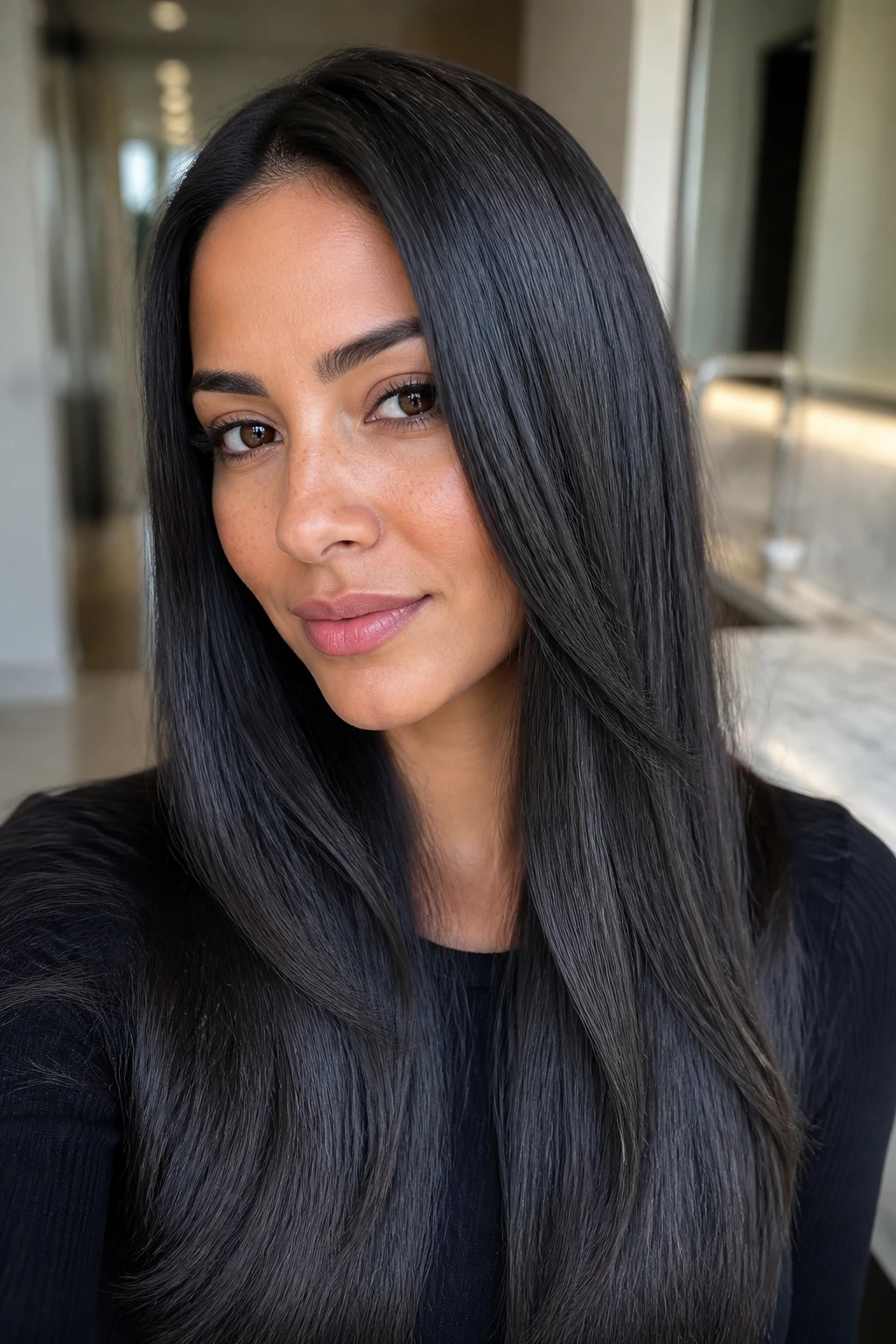 Close-up of a real woman with Deep Charcoal Gloss on straight hair.