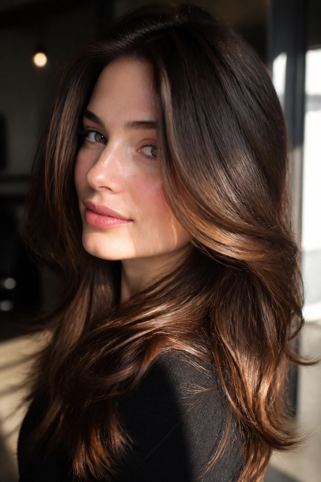 Portrait of a real woman with deep chestnut caramel blowout color