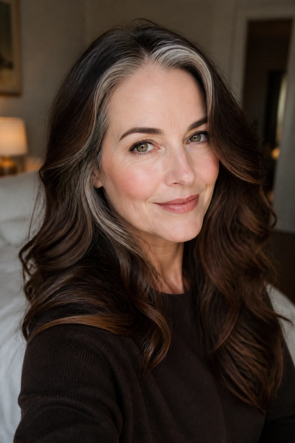 Close-up portrait of a woman with deep chestnut waves and a grey halo at the hairline.