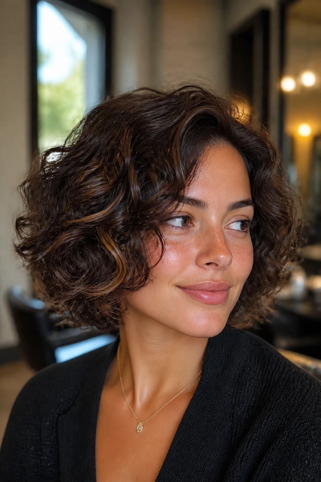 Close-up of a brunette woman with a deep cocoa bob and micro-foils catching light