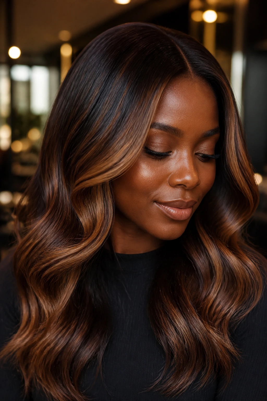 Close-up of a real person with deep cocoa hair and caramel glaze for a glossy finish