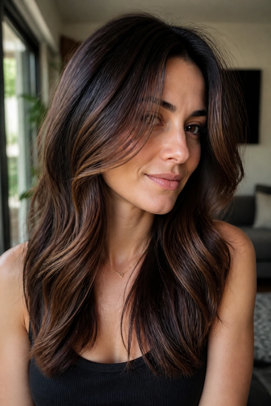 Close-up of a real woman with deep cocoa slice highlights framing her face