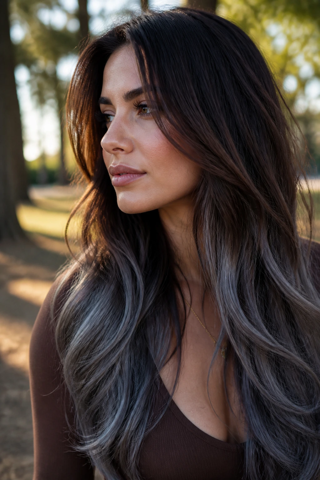 Brunette with cocoa to steel end gradient in long layered hair