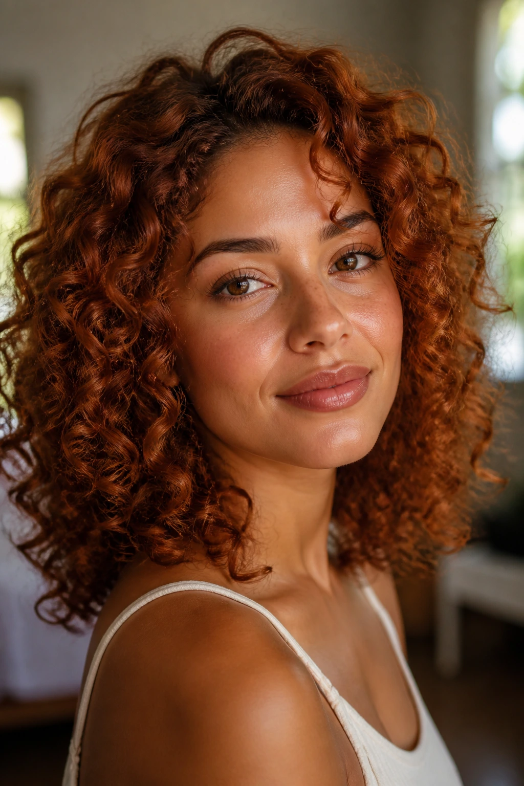 Close-up portrait of a real person with deep copper strawberry curls on olive skin in warm window light