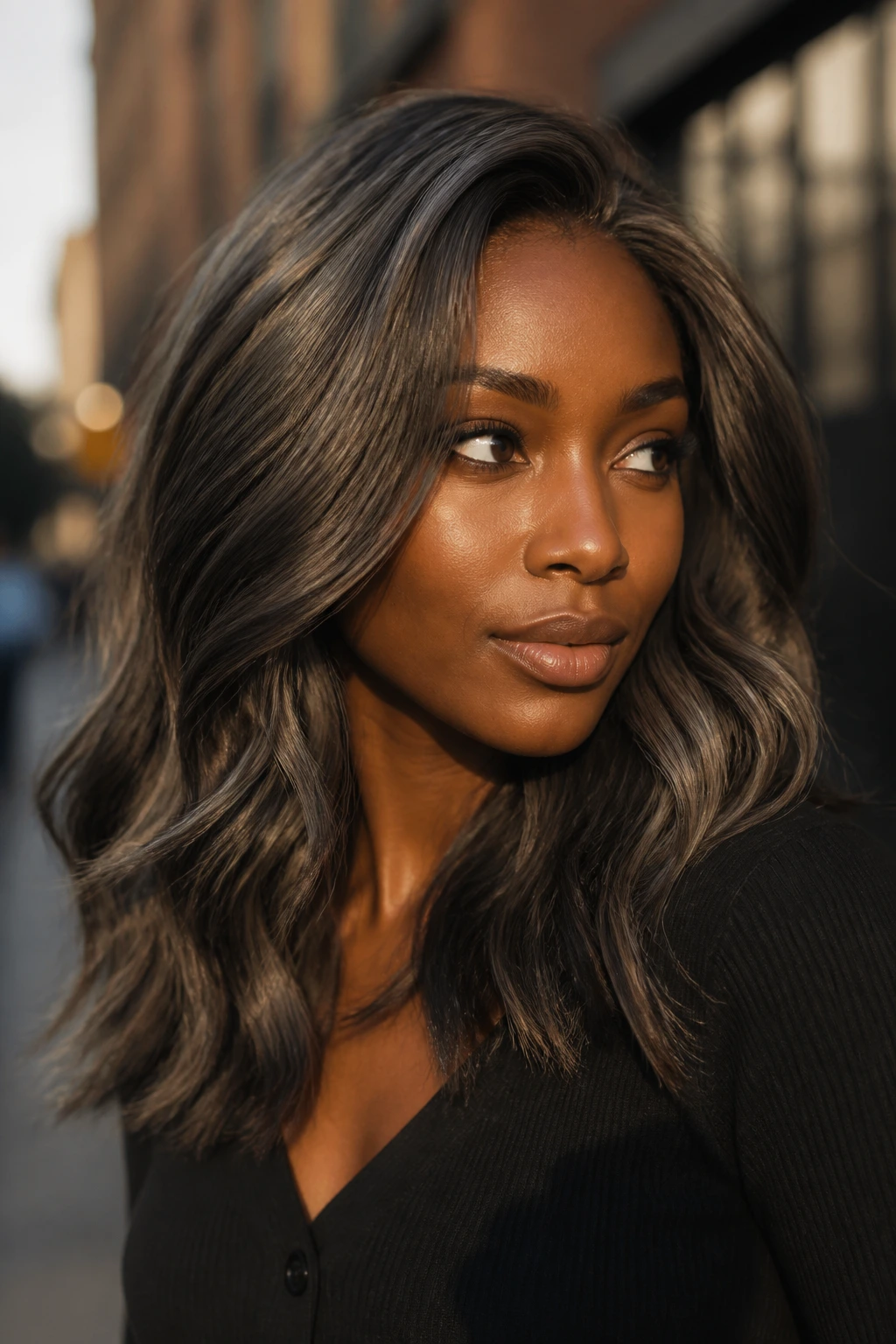 Close-up portrait of a real person with deep grey-brown hair in golden hour light