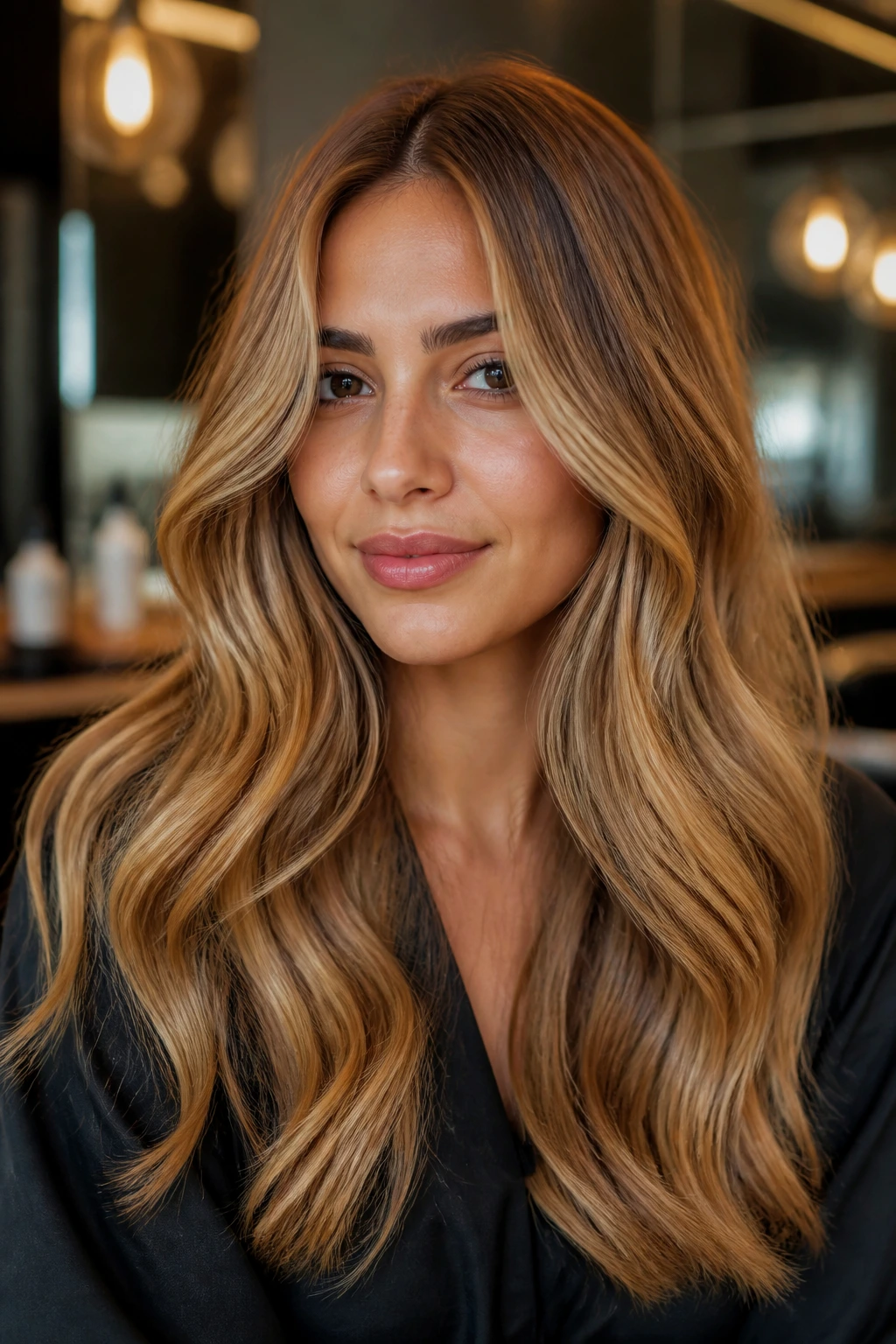 Portrait of a person with deep honey blonde glossy hair under warm salon light