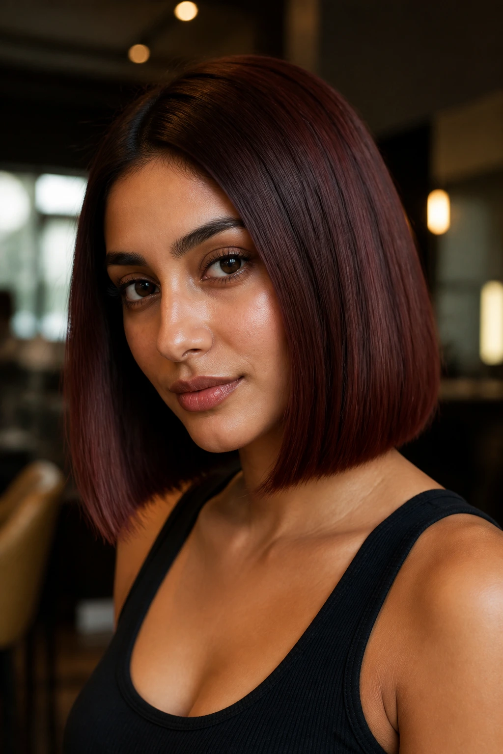 Close-up portrait of a real woman with deep mahogany blunt cut