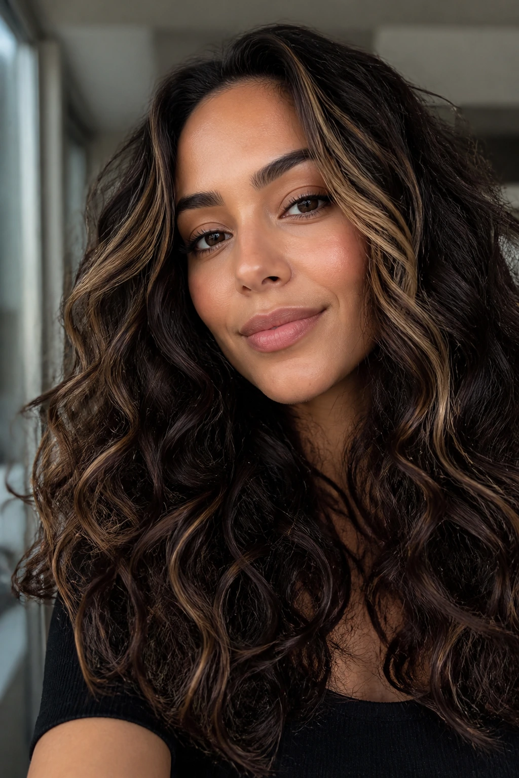 Close-up of a real woman with deep mocha base and lighter face-framing pieces